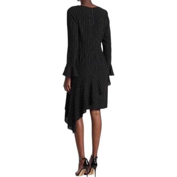 New Focus by Shani Pinstriped Asymmetrical Dress with Ruffle Hem Bell Sleeves 4 - Picture 4 of 10